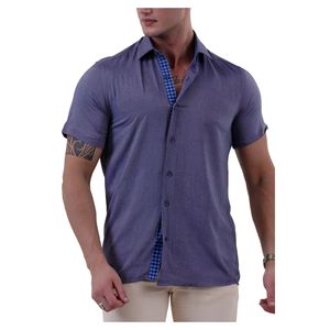 เสื้อยีนส์สีกรมท่าฟอกแขนสั้นทรงสลิมฟิตเสื้อผ้าฝ้าย100% ฤดูร้อน - Product Image 2