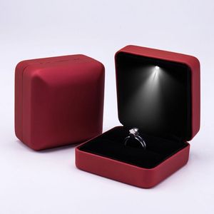 Custom Logo Wholesale Luxury Metal Faux Leather Handmade Jewelry Storage Box LED Velvet Lining Square Design Single/Double Ring - Product Image 6