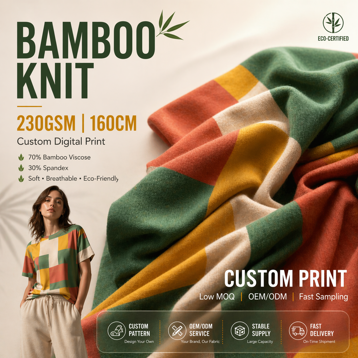 Bamboo Fiber Eco-Friendly Anti-Bacterial Custom Digital Print Knit Fabric