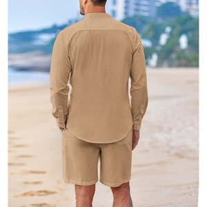 Conjuntos de dos piezas informales de verano para hombre, camisa de manga larga con cuello mandarín y pantalones cortos de cintura elástica, chándal - Product Image 2