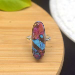 Anillo de Compromiso Bohemio Navajo Hecho a Mano en Plata de Ley 925 con Bisel de Turquesa Cobre y Dalia Naranja Natural, Nuevo - Product Image 4