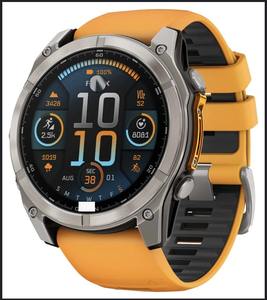 Montre connectée GPS multisports AMOLED de qualité supérieure fenix 8 51 mm avec un cadran en titane et un bracelet en silicone orange vif et graphite. - Product Image 2