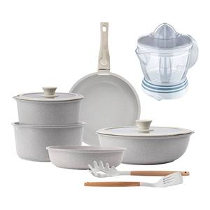 Set di pentole beige da 10 pezzi con manici rimovibili, 3 padelle, 2 casseruole, coperchi e utensili + spremiagrumi da 40W, 1,2 litri - Product Image 1