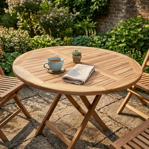 Outdoor Teak Wood Round <b>Bistro</b> Set X Leg <b>Table</b> Armchairs Solid Wooden Patio Garden Dining Furniture Setup Art Design Decor - Product Image 5