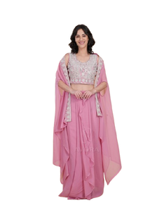 Indian Dhoti Wedding dress with <b>cape</b> shrug Indian <b>Women</b> Festive Party Wear Georgette Dhoti Cordset with beautiful Embroidery - Product Image 1
