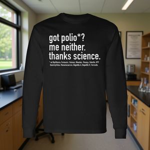 T-shirt à manches longues pour étudiants/professeurs en sciences et épidémiologie avec la phrase « Les vaccins fonctionnent grâce à la science » - Produit promotionnel - Product Image 3