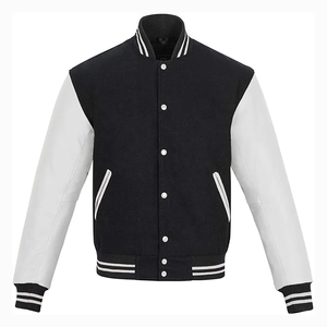 Veste Letterman Varsity personnalisée en laine pour hommes en cuir véritable noir rouge avec col montant et étiquettes brodées de logos - Product Image 1