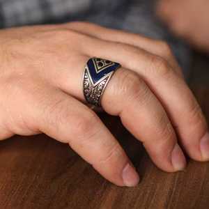 Men's 925 Sterling Silver Geometric Pattern <b>Ring</b> with <b>Black</b> Enamel Natural Round Stones Bezel Setting Inlay Gift - Product Image 2