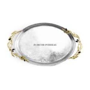 Silver Finishing Shiny Polished Round Shape Heavy Duty Metal Serving <b>Tray</b> <b>With</b> Gold Plated Leaves Design Handles For Best Grip - Product Image 1