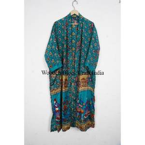 Indian Handmade <b>Silk</b> Floral Summer Kimono <b>Dressing</b> <b>Gown</b> Boho Chic Lounge Wear Women's Long Sleeve Wedding Robe - Product Image 4