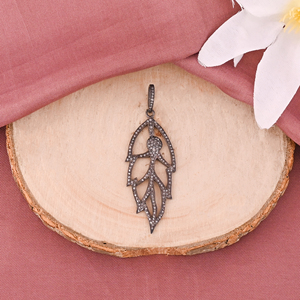 Impresionante Colgante de Hoja para Mujer, Plata de Ley 925, Bañado en Rodio Negro, Diamante Natural con Incrustaciones, Estilo Vintage, Tamaño 50x20MM - Product Image 2