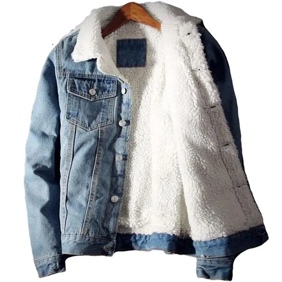 men used Men Light Blue Faux Shearling Jean Jackets Outerwear Warm Denim Coats Oversize Wool Liner Thicker Winter Denim Jackets