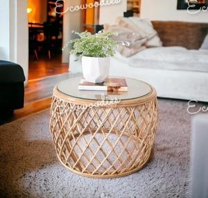 Nouvel arrivage de tabouret ottoman en rotin fait main table basse en bois avec dessus en verre trempé et console en incrustation d'os pour le salon - Product Image 2