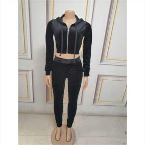 <b>Women's</b> Velour Tracksuits Set Hooded Crop <b>Top</b> Sweatpants Long Sleeve 2 Piece Joggers Outfits - Product Image 2