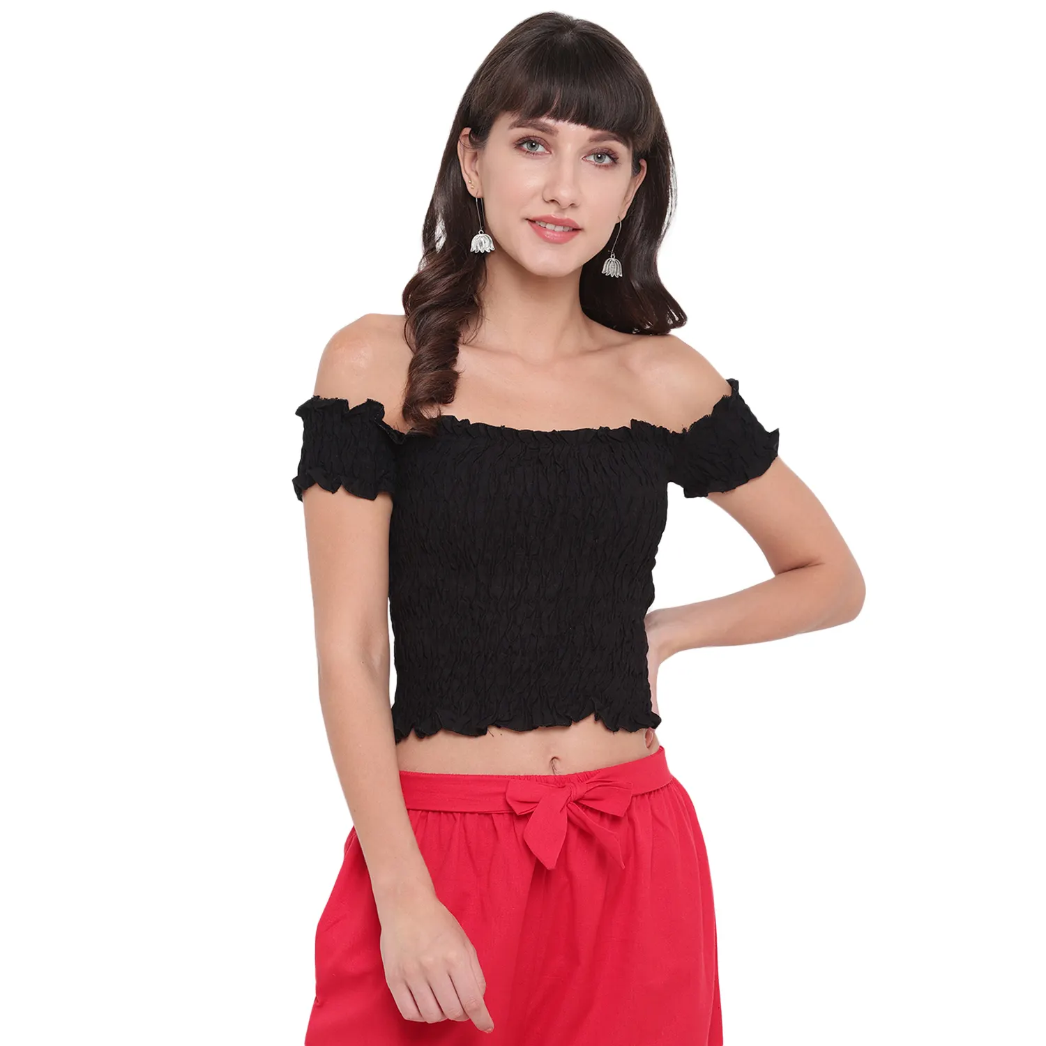 Women's 100% Cotton Black Solid Summer Camisole Cute Baby doll Tank Crop Tops with Casual Off-Shoulder Sleeves (AM080)