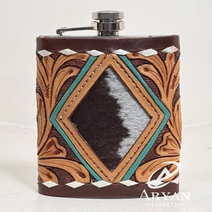 New Arrival Ready to Ship Hand Tooled Leather Hip Flask Luxury High Quality Genuine Cowhide Leather Stainless Steel Flask Holder - Product Image 1