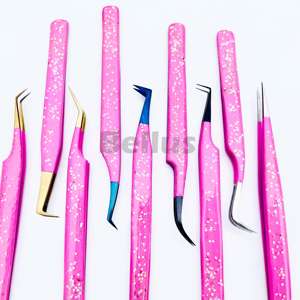 Pince à épiler à pointe en fibre de gelée rose à 45 et 90 degrés en acier inoxydable avec logo personnalisé Pince à épiler d'extension de cils de volume OEM - Product Image 5