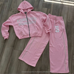 Custom Rhinestone Streetwear Chándal Flare Stacked Pantalones de chándal Hombres Unisex Conjuntos Sudaderas con capucha Logotipo personalizado Jogger Set 100% Algodón - Product Image 6