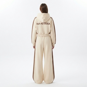 Conjunto Deportivo Personalizado para Mujer, Sudadera con Paneles en Contraste Marrón, Pantalones Jogger Anchos, Felpa de Algodón, Venta al Por Mayor OEM - Product Image 2