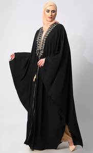 Abaya de satén de lujo personalizada al por mayor para mujer, seda de alta calidad, estilo Dubái, mangas con volantes, ropa musulmana pequeña y tradicional - Product Image 2
