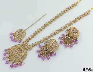 Conjunto de collar largo elegante chapado en oro de piedra tradicional india y de moda con pendiente Jumkha Mangtika conjunto de joyería para mujer - Product Image 5