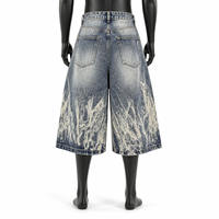 Shorts en jean délavé pour homme, coupe ample, longueur genou, style streetwear, avec broderie personnalisée effet vieilli