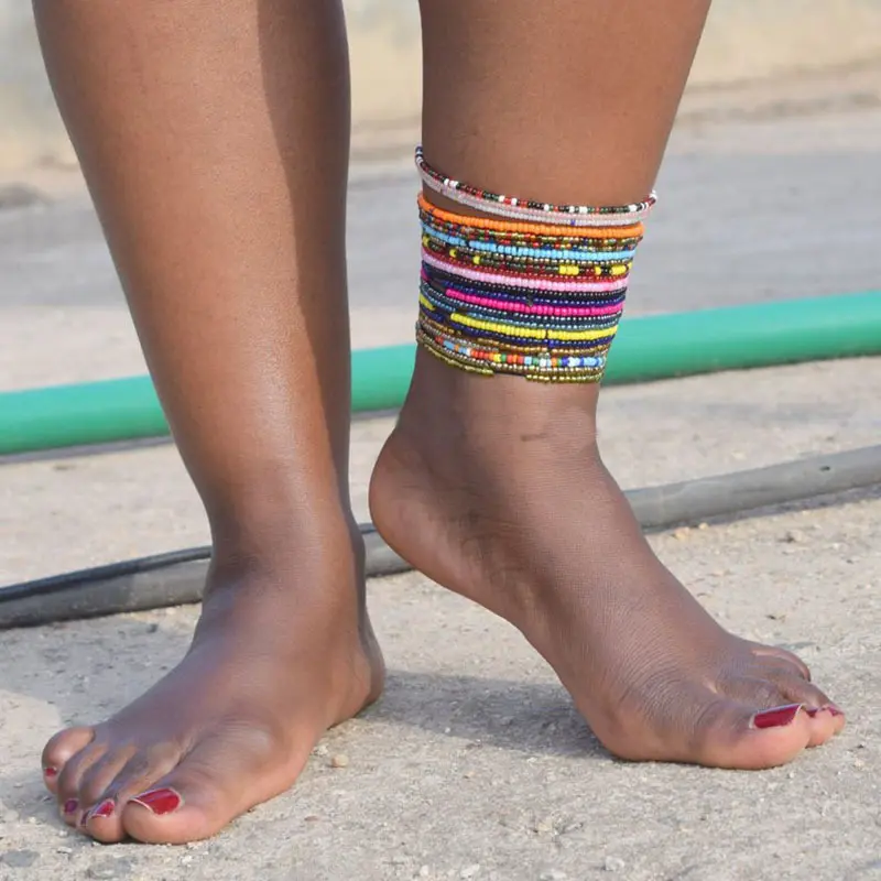 Boho Gelang Kaki Manik-manik Buatan Tangan Afrika Multiwarna Wanita, Gelang Manik-manik Pelangi Elastis Kaki dan Rantai Tangan Perhiasan/