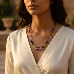 Collier bohème vintage tendance pour femme, bijoux en pierres semi-précieuses avec perles de turquoise, grenat, jade, pour cadeau - Product Image 1