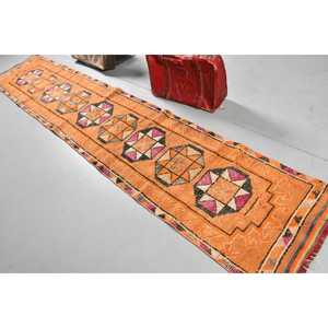 Turkish Vintage <b>Runner</b> <b>Rug</b> 2.4x12.3 ft, Herki Orange Wool <b>Rug</b> - Product Image 4