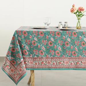 Green <b>Pink</b> Floral 100% Cotton Handmade Tablecloth Block Printed Design Custom Size Home Hotel Wedding <b>Party</b> <b>Decor</b> Outdoor - Product Image 1