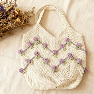 Lady Crochet Vintage Bohemian Style Tote Large-Capacity Open Closure Cotton Fashionable Two <b>Straps</b> <b>Shoulder</b> Beach Vacation Bag - Product Image 2