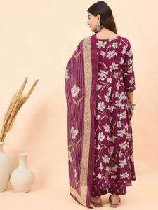 Mujeres étnicas Floral Impreso Cuello en V Algodón Puro Anarkali Kurta Con Pantalones & Dupatta indio pakistaní salwaar kameez traje - Product Image 5