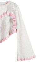 Pull court en tricot blanc et rose personnalisé par le fabricant, design à volants en forme de cœur, manches longues évasées, style coréen mignon, haut tendance