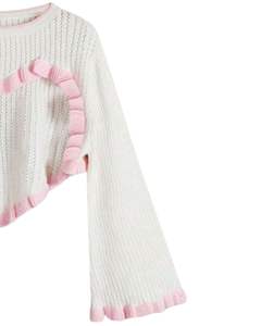 Manufacturer Custom White Pink Knit Crop Sweater Women <b>Heart</b> <b>Shape</b> Ruffle Design Long Flare Sleeve Cute Korean Style Fashion <b>Top</b> - Product Image 4