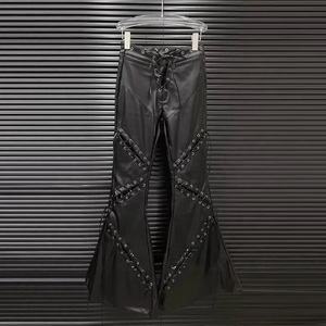 Pantalones de Cuero de Cintura Alta de Primera Calidad con Detalles de Remaches, Cierre con Cordón, Estilo Gótico, Pantalones Largos para Mujer - Product Image 5