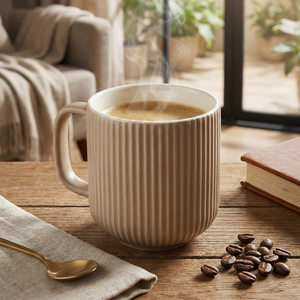 Ensemble de 2 tasses à café en nouvelle porcelaine fine, motif nervuré, teinte marron, 0% de cendres osseuses, design minimaliste, luxe, durable, personnalisable, compatible lave-vaisselle, idéal pour cadeaux - Product Image 3