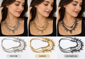 Collier statement multicouche en argent avec pointes punk faites à la main |   Collier de perles métalliques vintage pour femmes - Product Image 2