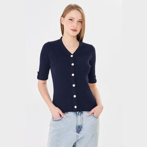 Cárdigan Elegante de Manga Corta para Mujer, Cómodo, Transpirable, de Punto Acanalado, Corte Ajustado, con Botones, Top de Punto para Verano, Estilo Moderno para Damas - Product Image 1