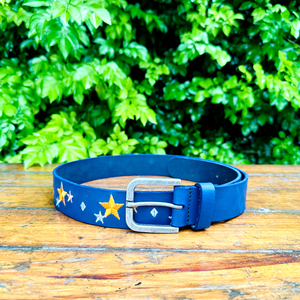 Cinturón de cuero de búfalo de agua azul de longitud personalizada nueva estrella bordado moda cuero de vaca marco Pin agujero accesorios personalizados estilo Casual - Product Image 3