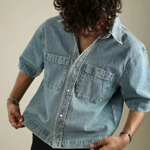 Hot Sale Unisex Casual <b>Denim</b> Shirts 100% Cotton Solid Colors Half Sleeves Plus Size Street Style for Autumn Season - Product Image 1