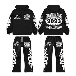 Fabricants OEM de haute qualité Sweat à capuche zippé et survêtement évasé empilé Impression à la flamme Style Streetwear Ensemble de survêtement unisexe - Product Image 2