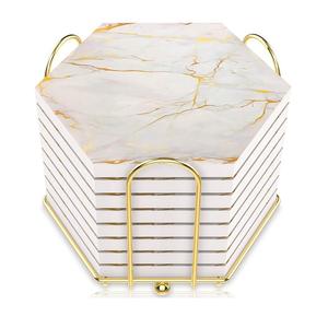 White Marble Tea <b>Coaster</b> Set Hexagonal Shape Decorative Marble <b>Coaster</b> With Holder Coffee Beer Mug Wine Cup <b>Coasters</b> - Product Image 1