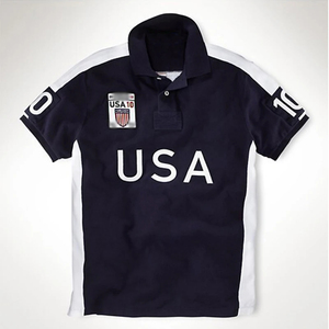 Chemise sans col pour hommes adultes, 100% coton, patchwork de drapeaux brodés, jersey de golf à manches courtes, respirant, décontracté - Product Image 1