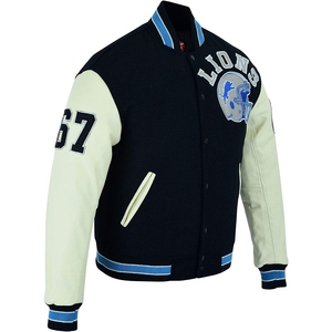 Black Wool Bomber Varsity Jacket With <b>Real</b> Leather Sleeves BIG DISCOUNT - Product Image 3
