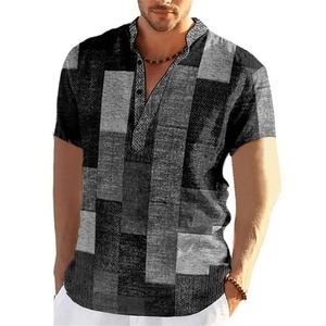Chemises de sport décontractées pour hommes Vintage Patchwork Color Block 3D Print Henley Shirts Men's Fashion Stand Collar Short Sleeve - Product Image 5