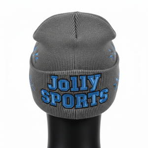 Bonnet femme en tricot doux 300GSM gris avec broderie bleue, logo personnalisé, chapeau chaud style streetwear hiver, bonnet jacquard. - Product Image 2