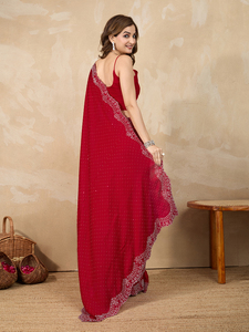 Trendmalls Sari de soirée de mariage en satin rouge pour femme, pièce de chemisier non cousue (K1187), style indien/pakistanais, coupe classique toutes saisons - Product Image 3