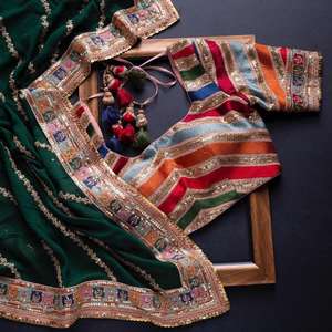 La mayoría de las ventas de Sari étnico exclusivo indio tradicional rojo exportación tela de seda bordado elegante trabajo para fiestas nupciales de boda - Product Image 4