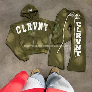 ชุดวอร์มผ้าคอตตอนปักลายกรดชุดวอร์มกางเกงขาบานและมีฮู้ดซับในผ้าไหมชุดวอร์มสำหรับผู้ชาย - Product Image 6