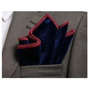 Handmade Navy Satin and Burgundy Knitted <b>Edge</b> Pocket <b>Square</b> with Signature Border Perfect Dining Companion for Blazers Suits - Product Image 1